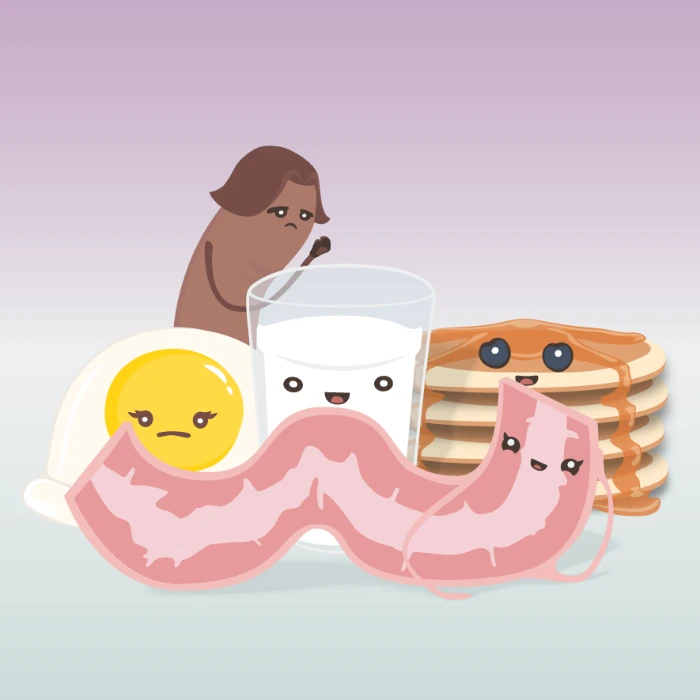Illustrated breakfast characters including an egg, bacon and pancakes.