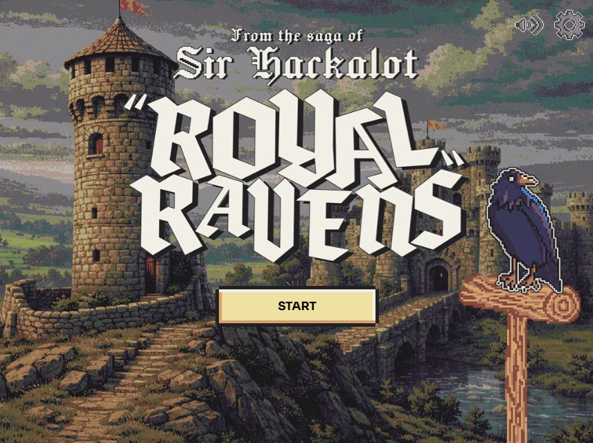 Sir Hackalot: Royal Ravens title screen with a raven overlooking a medieval castle