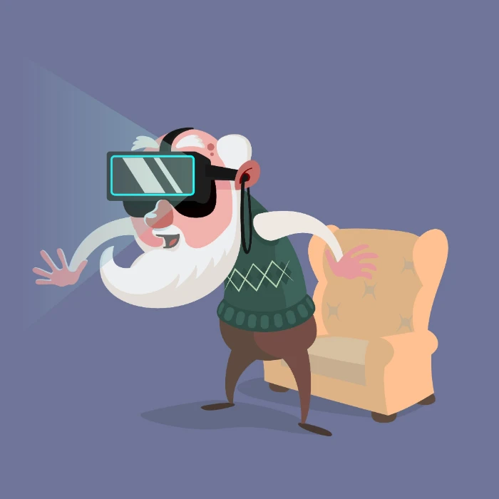 Illustration of an older person using a virtual reality headset in an armchair.